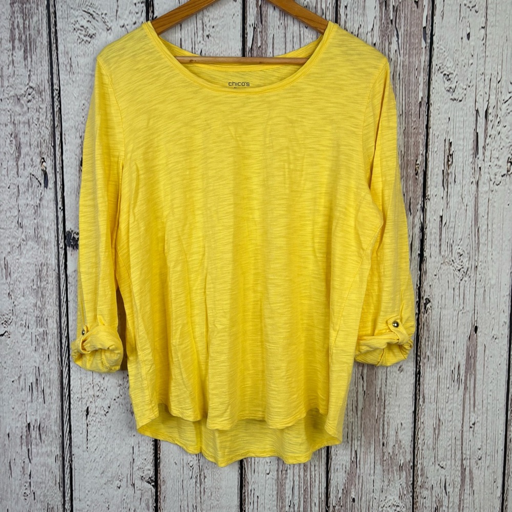 Chico’s 2 | Large The Ultimate Tee Yellow Roll Tab Sleeves Hi Low Hemline Soft!
